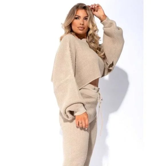 Beige Knitted Long Sleeve Sweater Crop Top and High Waist Pants Two Piece Set - Picture 6 of 17